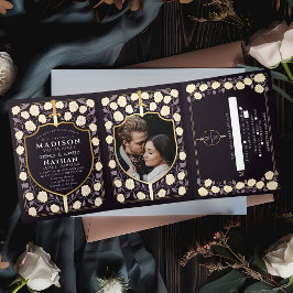 Invitación Tríptica Boda Monograma de Sword & Shield Fantasy Medieval