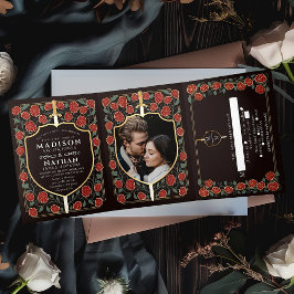 Invitación Tríptica Boda Monograma de Sword & Shield Fantasy Medieval
