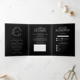 Invitación Tríptica Boda Monograma del Escudo de Leafy Blancas Negras