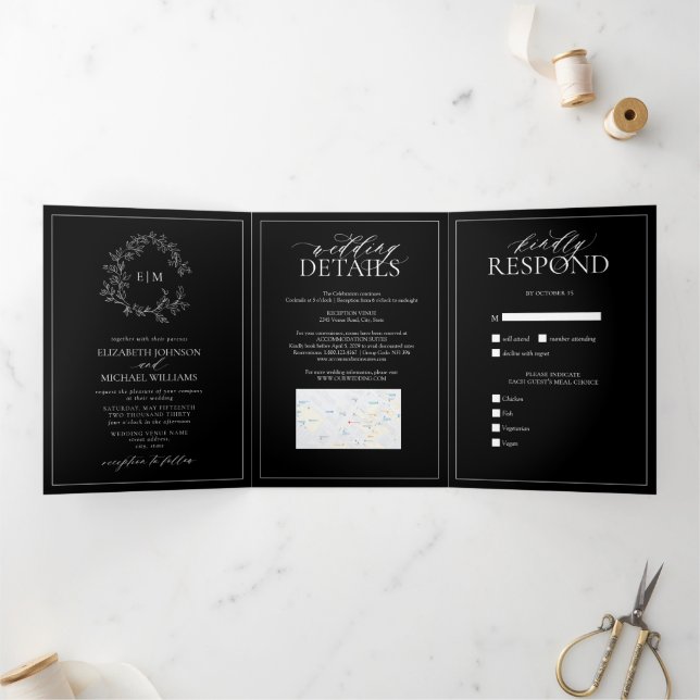 Invitación Tríptica Boda Monograma del Escudo de Leafy Blancas Negras (Interior)