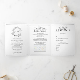Invitación Tríptica Boda Monograma del Escudo de Leafy Negro Blanco