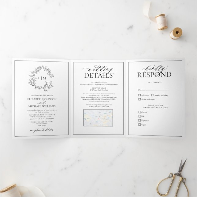 Invitación Tríptica Boda Monograma del Escudo de Leafy Negro Blanco (Interior)