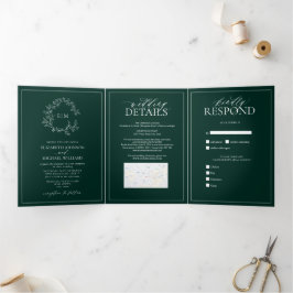Invitación Tríptica Boda Monograma del Escudo Esmeralda Green Leafy