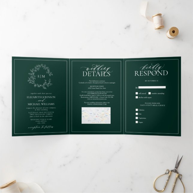 Invitación Tríptica Boda Monograma del Escudo Esmeralda Green Leafy (Interior)