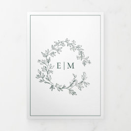 Invitación Tríptica Boda Monograma del Escudo Esmeralda Green Leafy