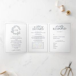 Invitación Tríptica Boda Monograma Escudo de la Marina Blue Leafy