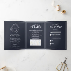 Invitación Tríptica Boda Monograma Escudo de la Marina Blue Leafy