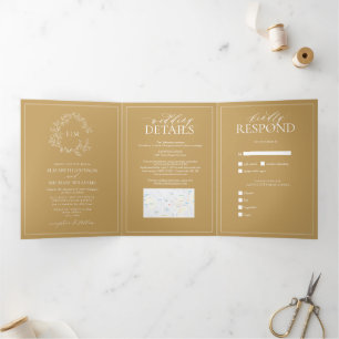 Invitación Tríptica Boda Monograma Escudo de Leafy Gold