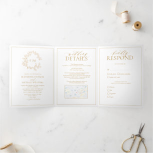 Invitación Tríptica Boda Monograma Escudo de Leafy Gold