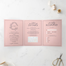 Invitación Tríptica Boda monograma Escudo de liebre azul de la Marina