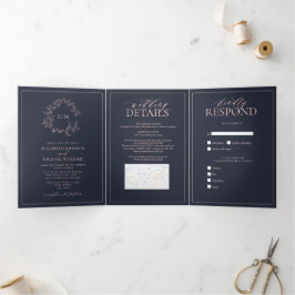 Invitación Tríptica Boda Monograma Escudo de limosna rosa Rubor azul m