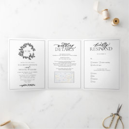 Invitación Tríptica Boda Monograma Escudo Gris moderno