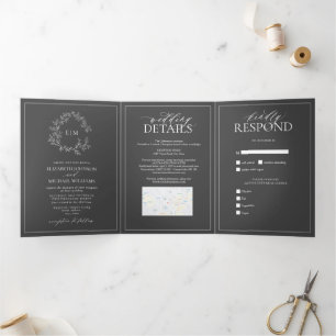 Invitación Tríptica Boda Monograma Escudo Gris moderno