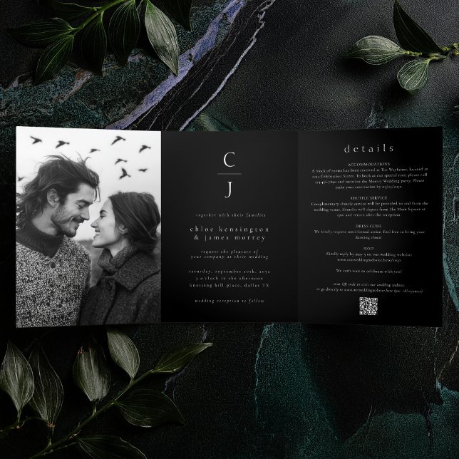 Invitación Tríptica Boda Monograma moderno foto en negro Código QR (Subido por el creador)