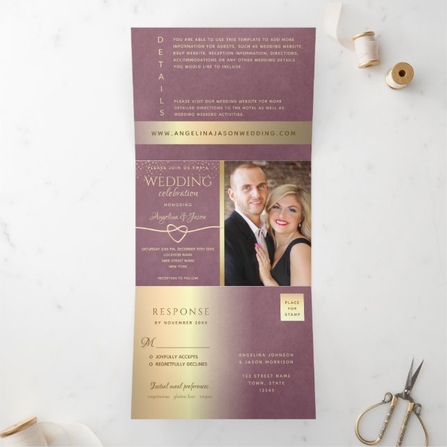Invitación Tríptica Boda Morado Malva Dorado (Interior)