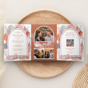 Invitación Tríptica Boda Náutica Boho Rústica con Código QR de Conchas