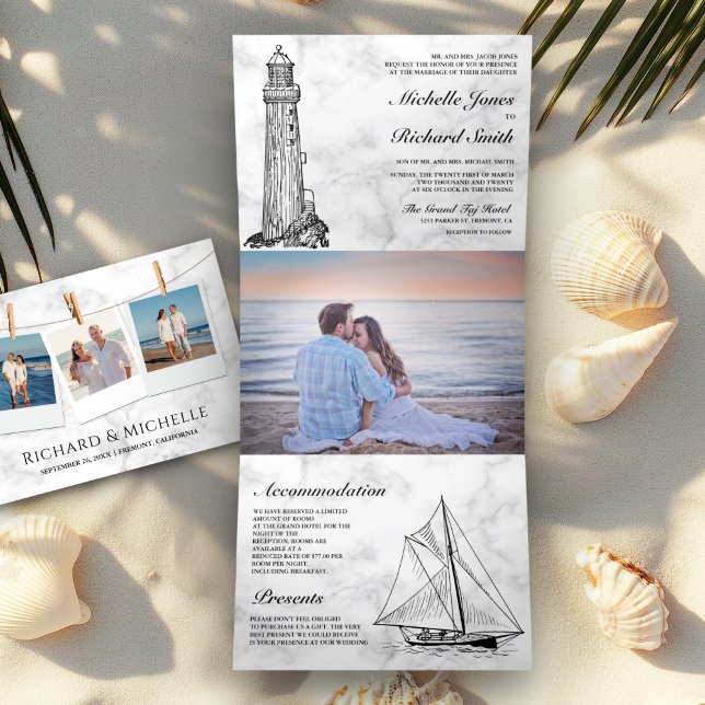Invitación Tríptica Boda náutica de velero de faro de mármol blanco  (Subido por el creador)