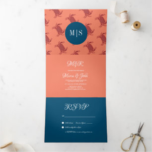 Invitación Tríptica Boda Náutica Playa Mariscos Cangrejo a la Parrilla