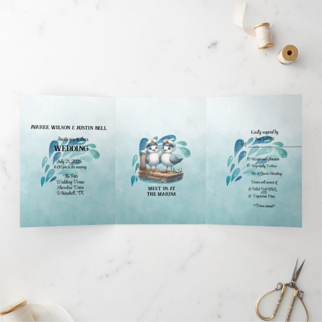Invitación Tríptica Boda Nautical Blue Marina Style (Interior)