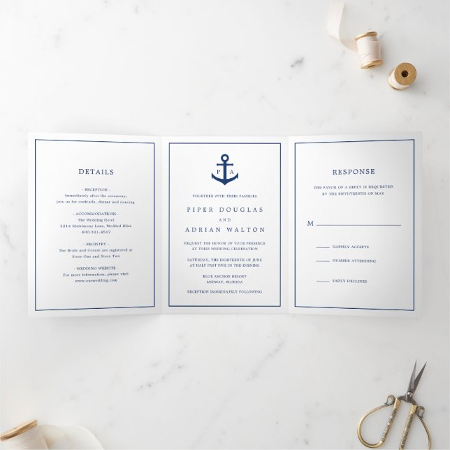 Invitación Tríptica Boda Nautical Elegante de Ancla Azul de la Marina (Interior)