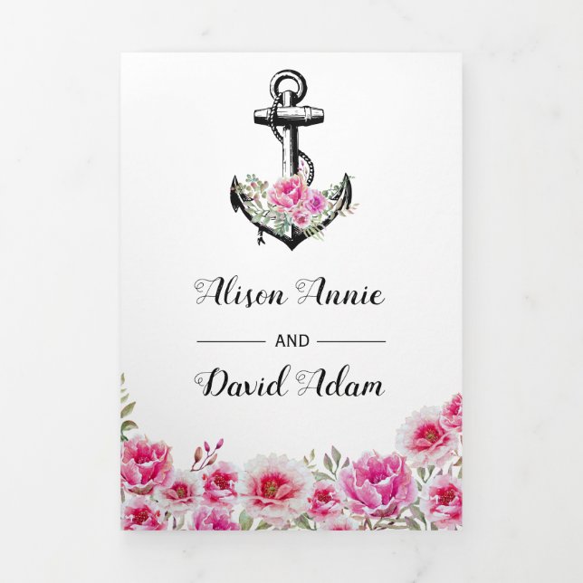 Invitación Tríptica Boda náutico de flores rosadas de anclaje de época (Foto de portada)