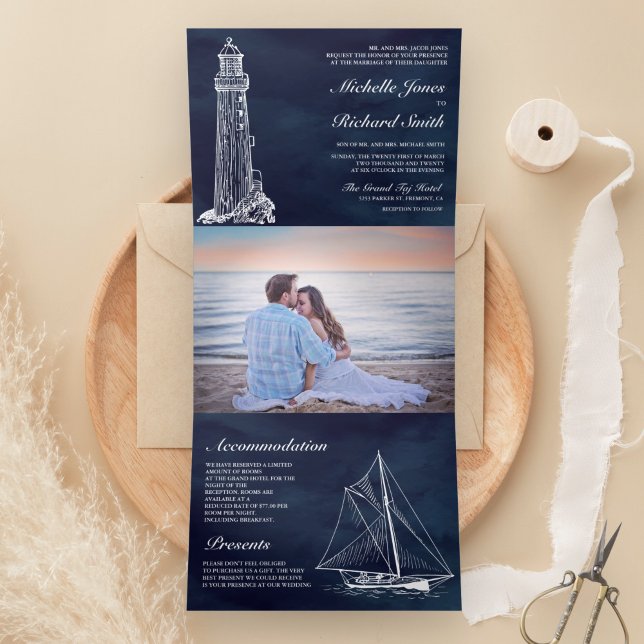 Invitación Tríptica Boda Náutico de la Marina Blue Lighthouse (Subido por el creador)