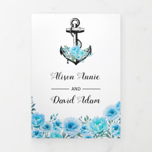 Invitación Tríptica Boda náutico de las flores de las acuarelas azules