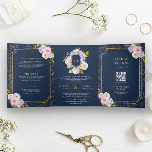 Invitación Tríptica Boda Naval Cresta Floral Rosa Púrpura Todo en Uno