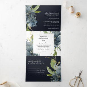 Invitación Tríptica Boda NAVY AZUL VERDE ORO FLORAL NAVY  DE COLOR DE 
