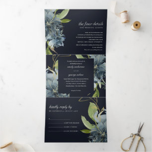 Invitación Tríptica Boda NAVY AZUL VERDE ORO FLORAL NAVY  DE COLOR DE 