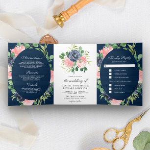 Invitación Tríptica Boda Navy Blue y Rubor Pink Floral Wood