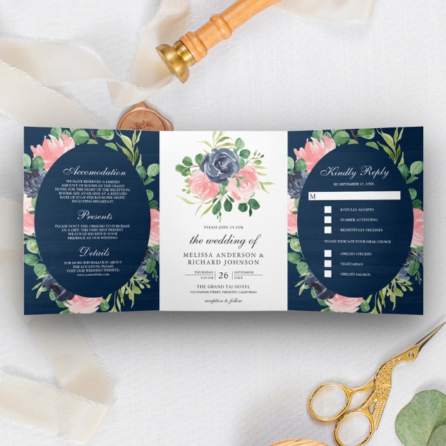 Invitación Tríptica Boda Navy Blue y Rubor Pink Floral Wood (Subido por el creador)