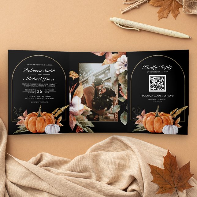 Invitación Tríptica Boda Negra Código QR de Foto de Calabaza Boho Rúst (Subido por el creador)