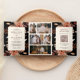 Invitación Tríptica Boda Negra Código QR Floral de Crema y Terracota