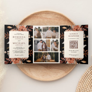 Invitación Tríptica Boda Negra Código QR Floral de Crema y Terracota