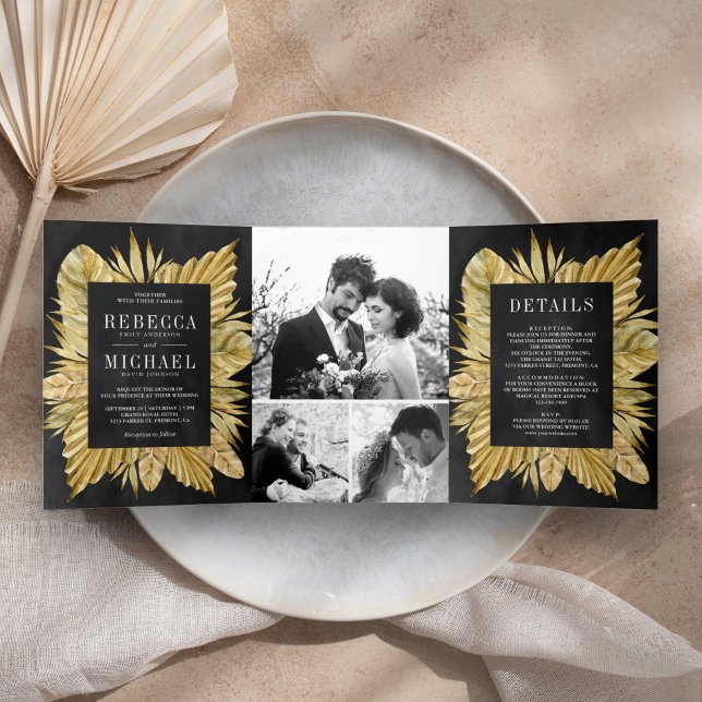 Invitación Tríptica Boda Negra Collage de Fotos de Palma Seca Boho Rús (Subido por el creador)