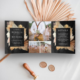 Invitación Tríptica Boda Negra Collage Fotográfico de Palma Seca Boho