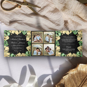 Invitación Tríptica Boda Negra de Monstera Palma con Hojas de Oro y Ve