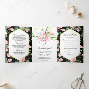 Invitación Tríptica Boda Negra Floral de Primavera de Magnolia Rosa