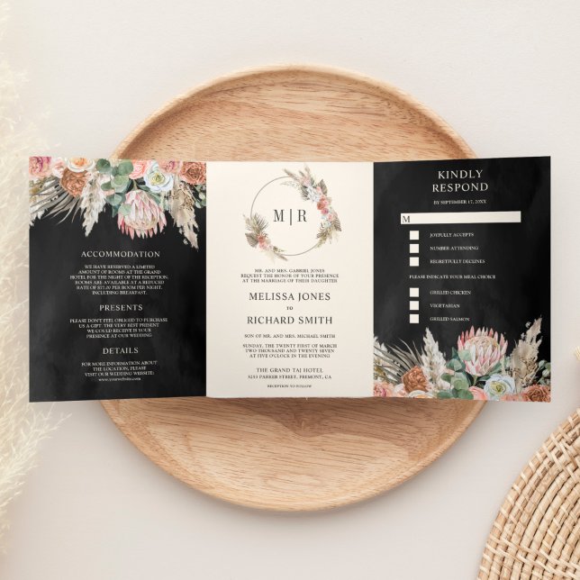 Invitación Tríptica Boda Negra Rústica Boho Terrosa Floral Pampas (Subido por el creador)