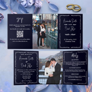 Invitación Tríptica Boda Negro Azul Oscuro Rico