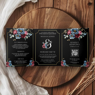 Invitación Tríptica Boda negro de la ampersa floral azul borgoñona de 