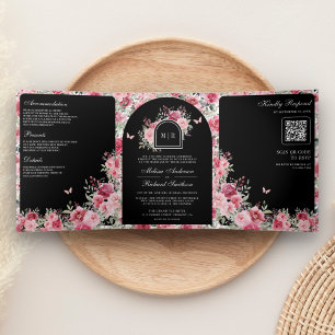 Invitación Tríptica Boda negro de mariposa de San Valentín rosa de las
