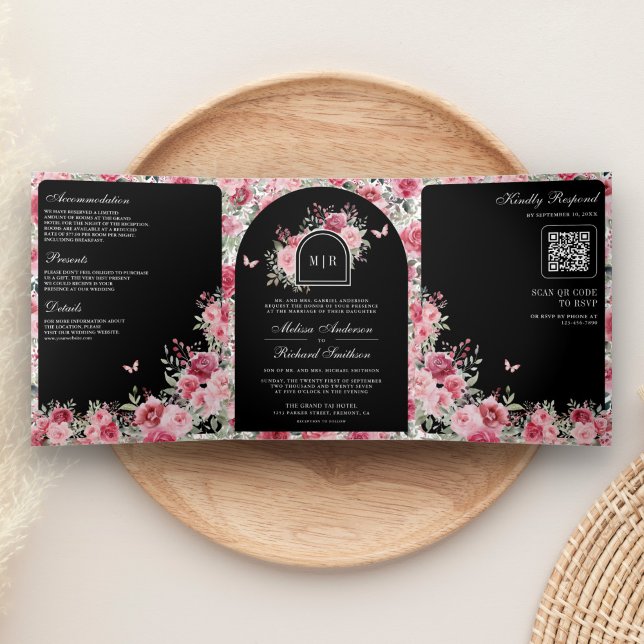 Invitación Tríptica Boda negro de mariposa de San Valentín rosa de las (Subido por el creador)