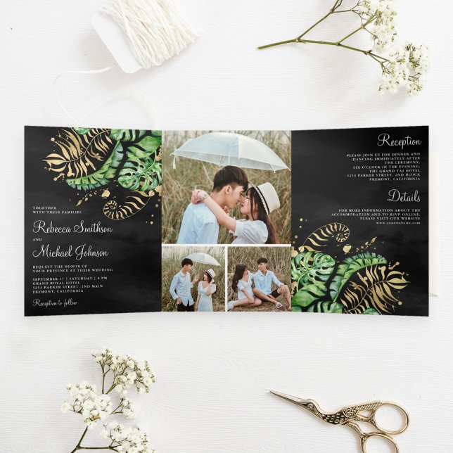 Invitación Tríptica Boda negro de oro verde tropical Monstera Palm (Subido por el creador)