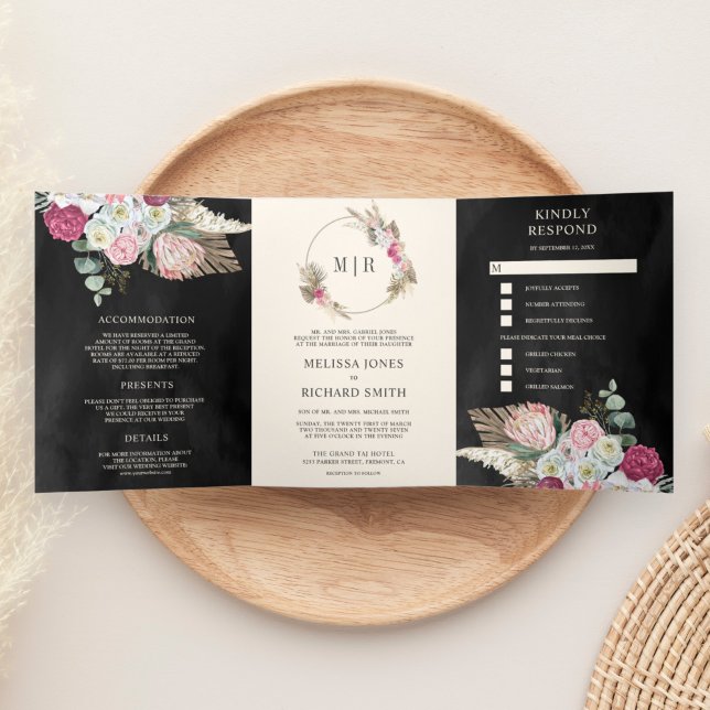 Invitación Tríptica Boda negro de pampas con flores rosadas de boho ru (Subido por el creador)