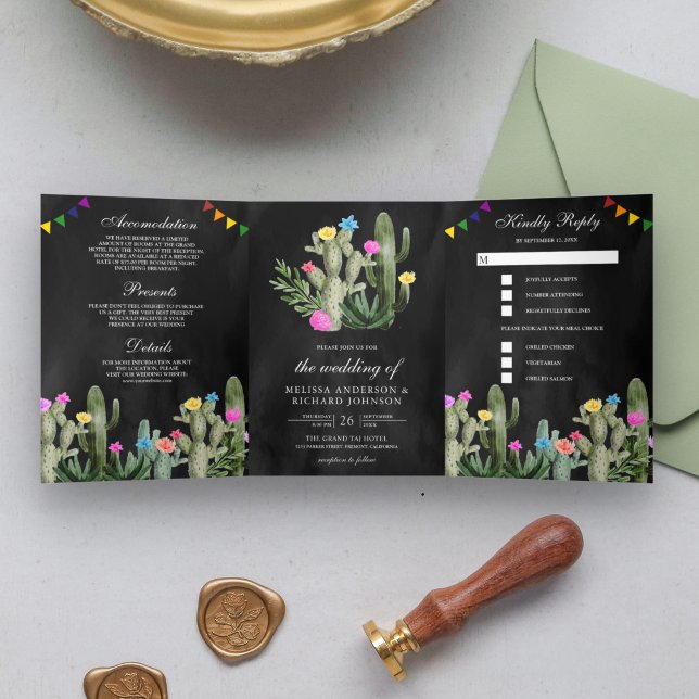 Invitación Tríptica Boda negro floral de Fiesta Cactus en México (Subido por el creador)