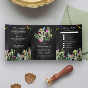 Invitación Tríptica Boda negro floral de Fiesta Cactus en México