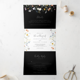 Invitación Tríptica Boda negro floral multicolor salvaje