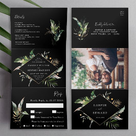 Invitación Tríptica Boda negro follaje tropical salvaje todo en uno